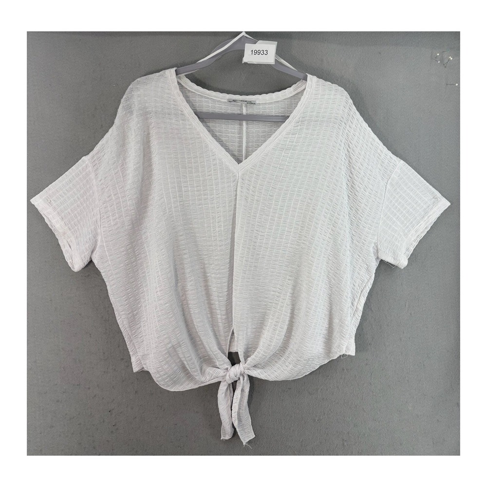 Zara Trafaluc Tie Front Top Women Sz 18 White Textured V-Neck Short Sleeve S/S18
